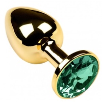 Золотая металлическая анальная пробка с камушком зеленого цвета M