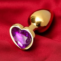 Золотистая анальная пробка с фиолетовым камушком в виде сердечка L